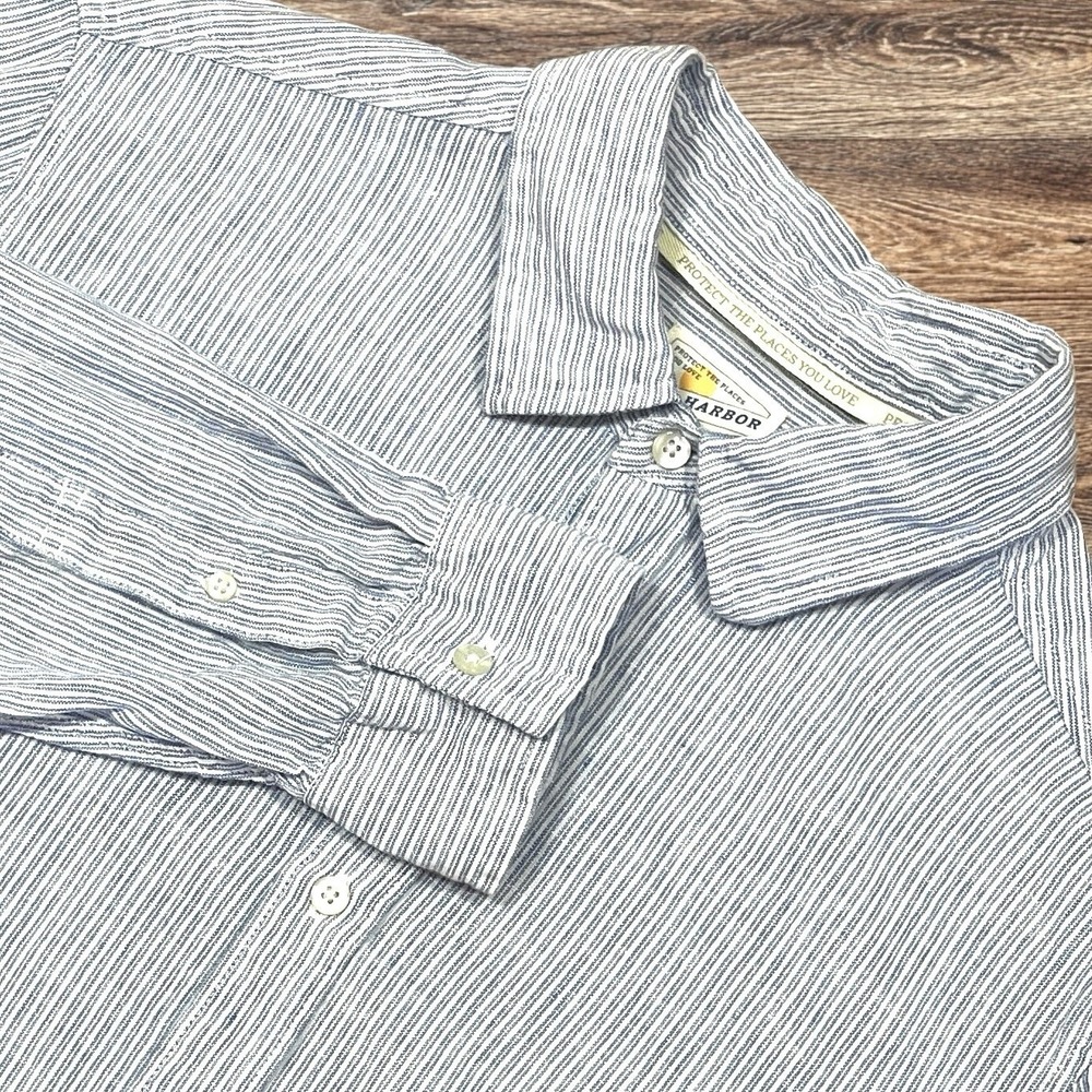 Fair Harbor 100% Linen Long Sleeve Button Up Shirt Mens M Blue Striped Coastal